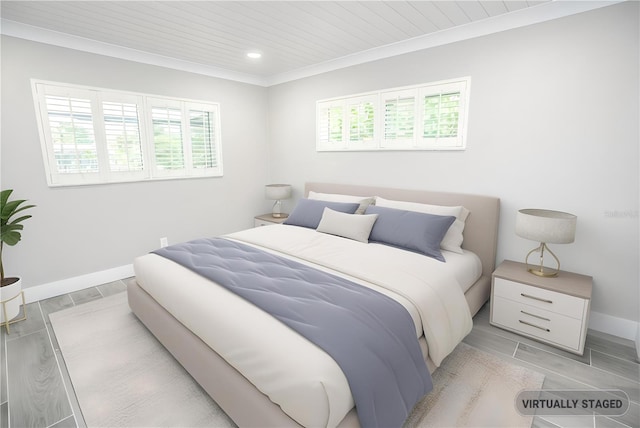 913 Spindle Palm Way, Apollo Beach, FL 33572 - bedroom with wood ceiling, baseboards, recessed lighting, crown molding, and wood finish floors