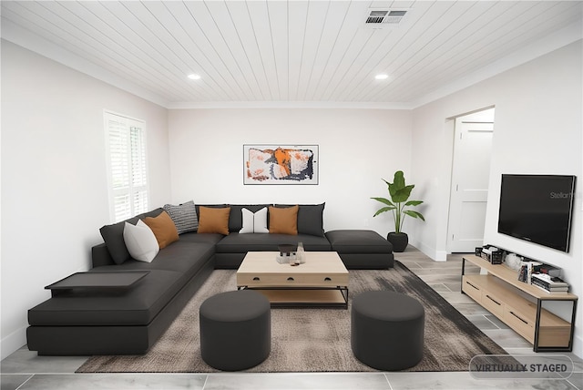 913 Spindle Palm Way, Apollo Beach, FL 33572 - living room featuring crown molding, recessed lighting, baseboards, wooden ceiling, and wood finished floors