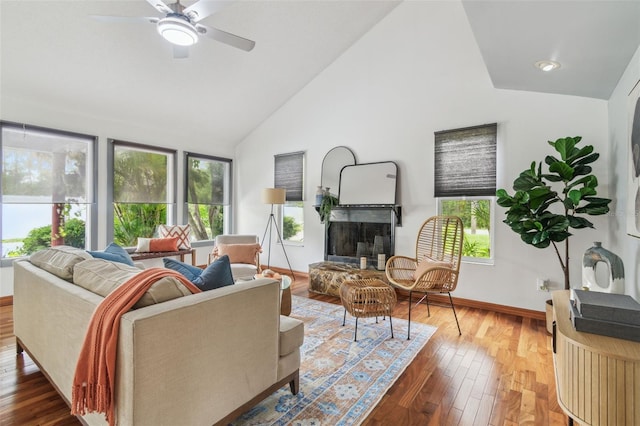 18914 Geraci Rd, Lutz, FL 33548 - living area featuring healthy amount of natural light, a fireplace, wood finished floors, and high vaulted ceiling