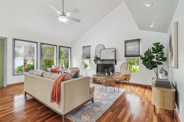 18914 Geraci Rd, Lutz, FL 33548 - living area with healthy amount of natural light, a fireplace with raised hearth, a ceiling fan, wood finished floors, and high vaulted ceiling