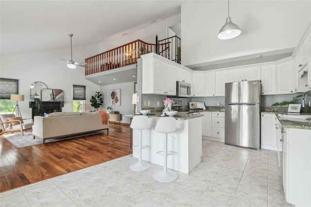 18914 Geraci Rd, Lutz, FL 33548 - kitchen featuring appliances with stainless steel finishes, high vaulted ceiling, a peninsula, healthy amount of natural light, and open floor plan
