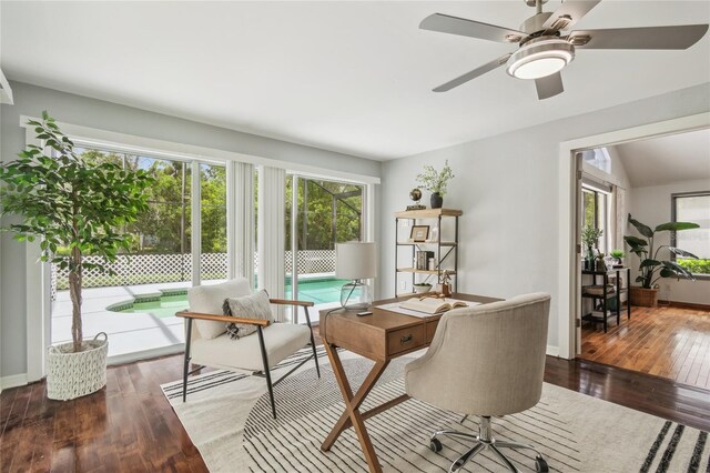 18914 Geraci Rd, Lutz, FL 33548 - office area featuring hardwood / wood-style floors and ceiling fan
