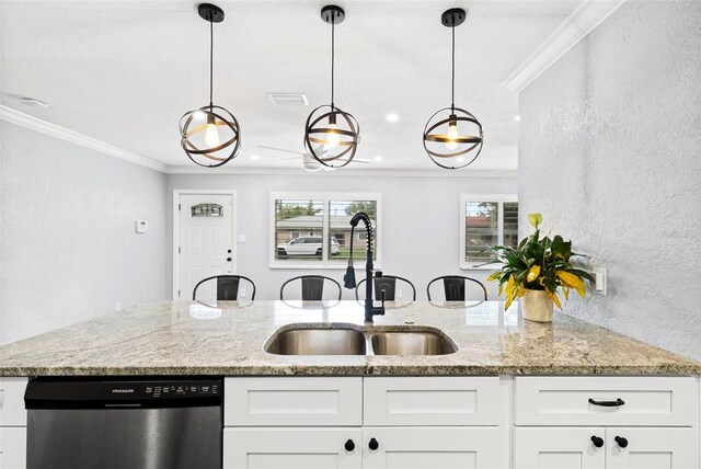3906 W Rogers Ave, Tampa, FL 33611 - kitchen featuring dishwasher, a sink, crown molding, white cabinetry, and hanging light fixtures