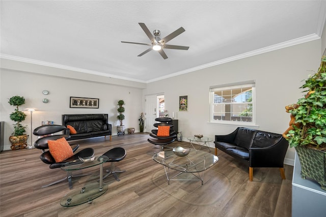 340 1st St N Unit I, Saint Petersburg, FL 33701 - living area featuring wood finished floors, ceiling fan, ornamental molding, and baseboards