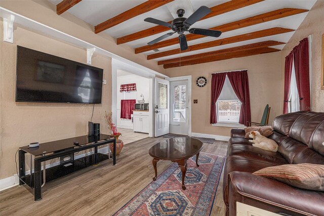 1235 Bass Blvd, Dunedin, FL 34698 - living room with beamed ceiling, a ceiling fan, light wood-style flooring, and baseboards