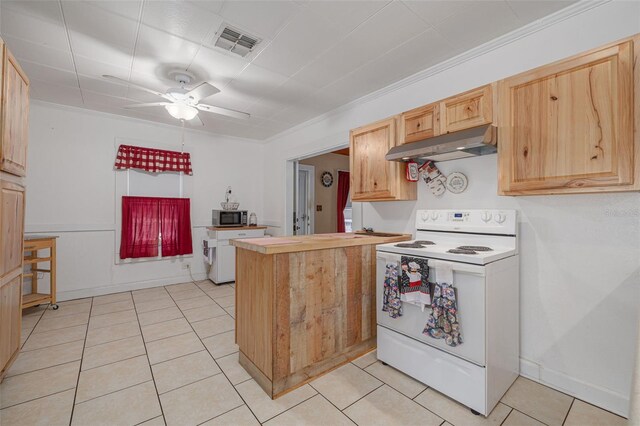 1235 Bass Blvd, Dunedin, FL 34698 - kitchen with white electric stove, under cabinet range hood, stainless steel microwave, a peninsula, and crown molding