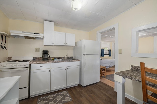 1235 Bass Blvd, Dunedin, FL 34698 - kitchen with under cabinet range hood, white appliances, a sink, dark wood-style floors, and white cabinetry