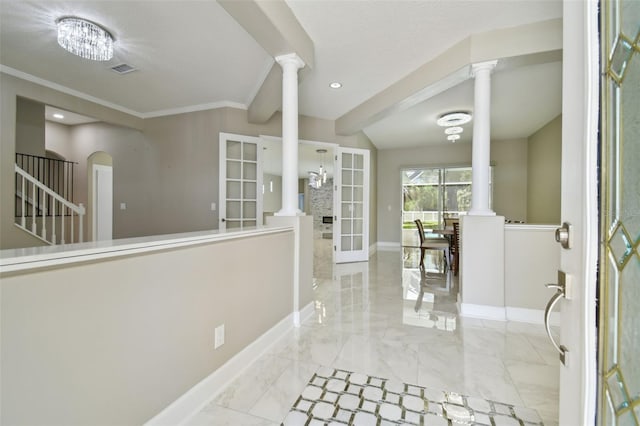 1460 Kensington Woods Dr, Lutz, FL 33549 - corridor with decorative columns, marble finish flooring, beamed ceiling, recessed lighting, and crown molding