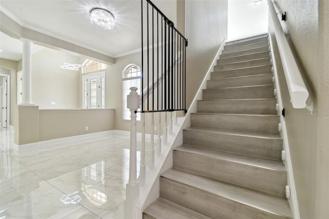 1460 Kensington Woods Dr, Lutz, FL 33549 - staircase featuring ornamental molding