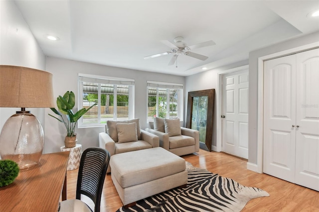 7224 Park St S, St Pete Beach, FL 33707 - living area with light wood-type flooring, ceiling fan, and recessed lighting