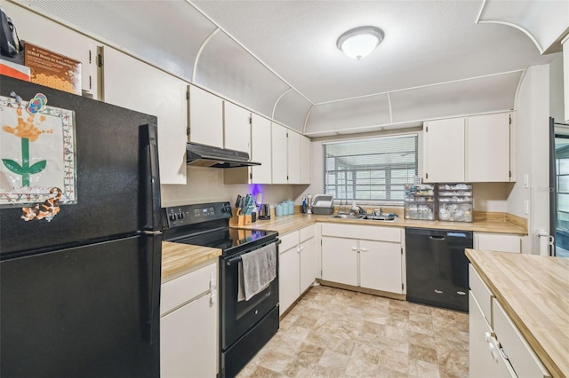 13127 Topflite Ct, Hudson, FL 34669 - kitchen with black appliances, under cabinet range hood, a sink, white cabinetry, and wood counters