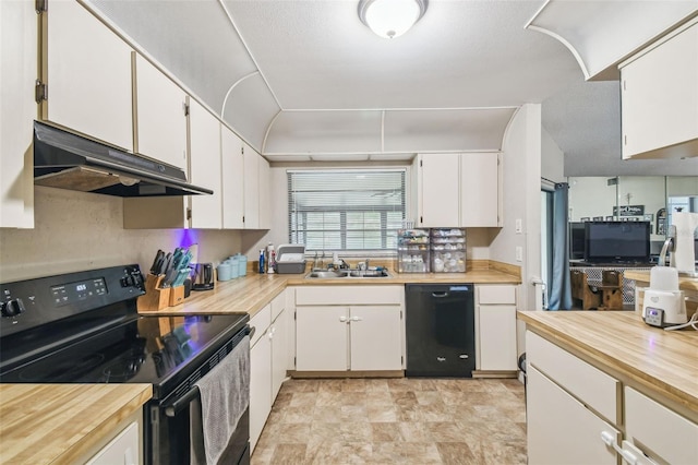 13127 Topflite Ct, Hudson, FL 34669 - kitchen featuring black appliances, under cabinet range hood, a sink, and white cabinets