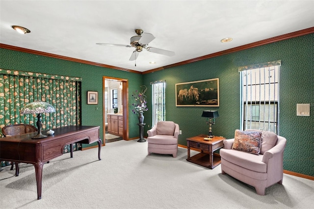3133 Harvest Moon Dr, Palm Harbor, FL 34683 - sitting room featuring ornamental molding, ceiling fan, and carpet
