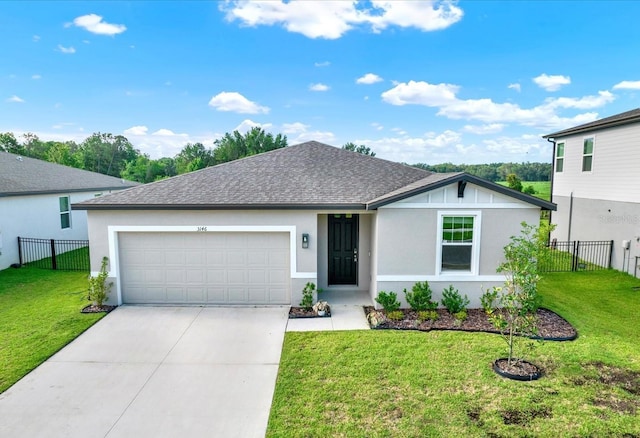 3146 Forrest Plum Ct, Zephyrhills, FL 33540 - ranch-style house with an attached garage, roof with shingles, concrete driveway, and stucco siding