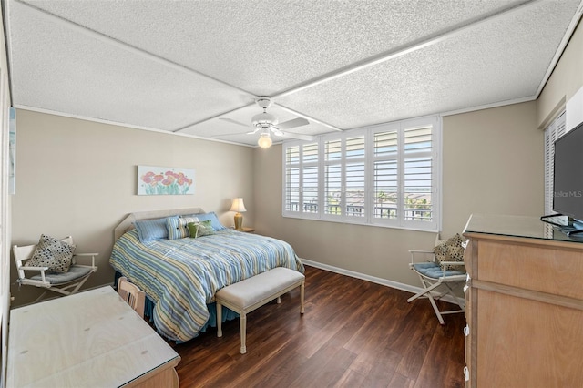 1581 Gulf Blvd Unit 403N, Clearwater Beach, FL 33767 - bedroom featuring dark wood-type flooring, baseboards, a textured ceiling, and a ceiling fan