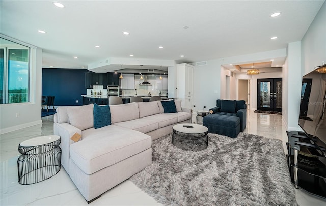 1 Seaside Ln Unit 302, Belleair, FL 33756 - living area featuring light marble finish floors and recessed lighting