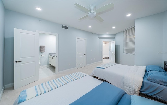 1 Seaside Ln Unit 302, Belleair, FL 33756 - bedroom with light carpet, recessed lighting, ensuite bathroom, and a ceiling fan