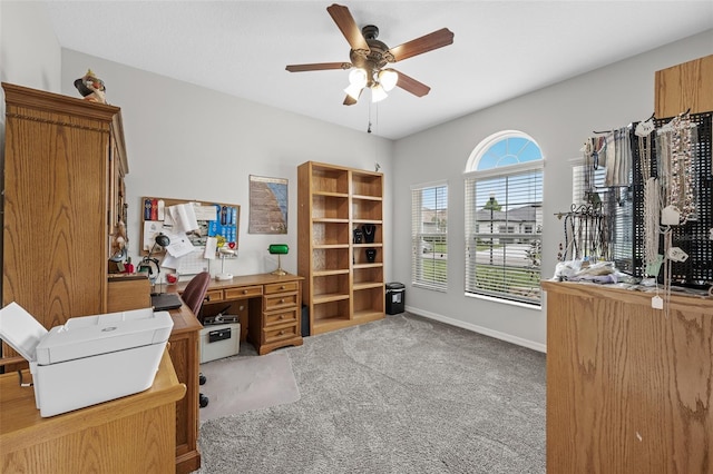 33219 Kateland Dr, Wesley Chapel, FL 33545 - office area featuring carpet flooring, a ceiling fan, and baseboards