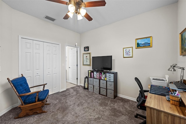 33219 Kateland Dr, Wesley Chapel, FL 33545 - carpeted home office featuring a ceiling fan and baseboards
