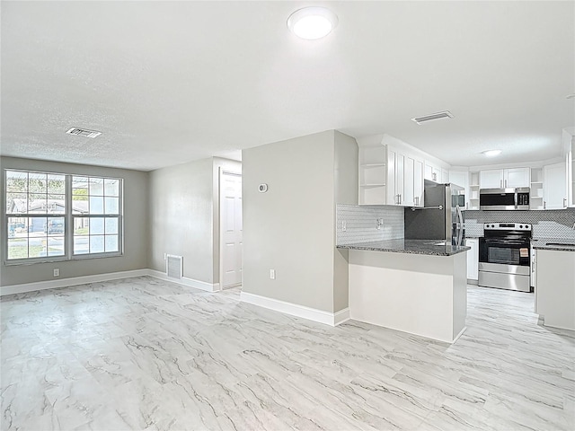 8329 Gulf Way, Hudson, FL 34667 - kitchen featuring appliances with stainless steel finishes, open shelves, open floor plan, backsplash, and light marble finish flooring