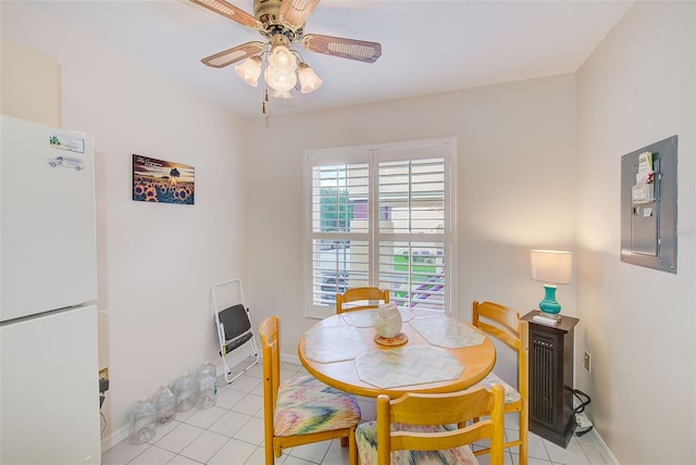 7823 Hardwick Dr Unit 224, New Port Richey, FL 34653 - dining space featuring electric panel, a ceiling fan, light tile patterned floors, and baseboards
