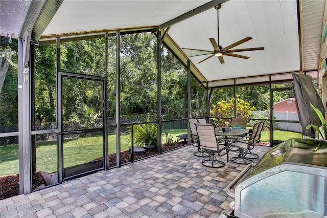 12219 Steppingstone Blvd, Tampa, FL 33635 - sunroom with a ceiling fan, outdoor dining area, and lofted ceiling