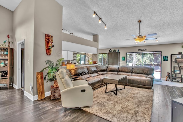 12219 Steppingstone Blvd, Tampa, FL 33635 - living room with ceiling fan, wood finished floors, a textured ceiling, and plenty of natural light