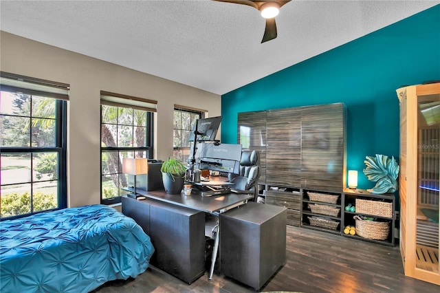 12219 Steppingstone Blvd, Tampa, FL 33635 - bedroom with vaulted ceiling, wood finished floors, an office area, a textured ceiling, and a ceiling fan