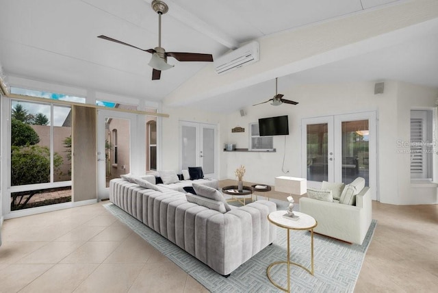 241 Royal Palm Way, Spring Hill, FL 34608 - living room with french doors, a ceiling fan, a wall mounted air conditioner, and light tile patterned floors