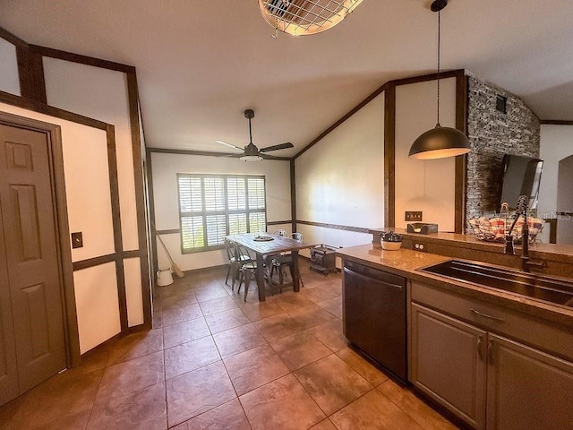 1716 Bondurant Way, Brandon, FL 33511 - kitchen featuring dishwasher, ceiling fan, tile patterned flooring, lofted ceiling, and pendant lighting