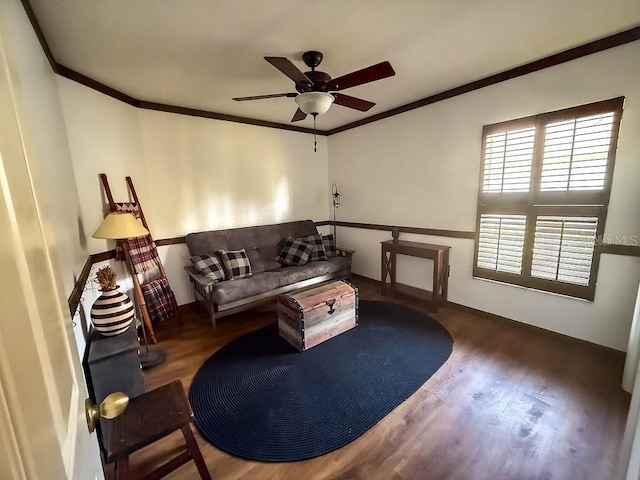 1716 Bondurant Way, Brandon, FL 33511 - living room with wood finished floors, ceiling fan, and ornamental molding