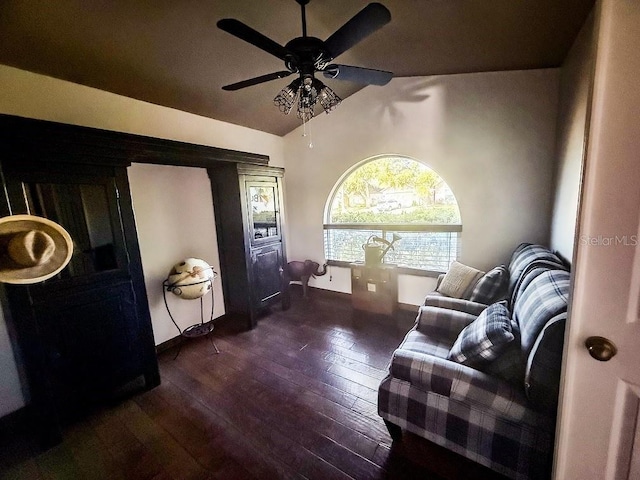 1716 Bondurant Way, Brandon, FL 33511 - living room featuring a ceiling fan, dark wood-style flooring, and lofted ceiling