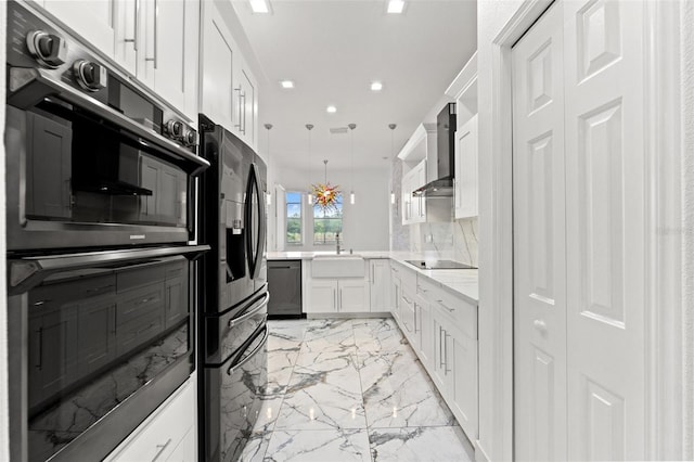 2238 Shirecrest Cove Way, Lutz, FL 33558 - kitchen featuring black appliances, a sink, wall chimney exhaust hood, light marble finish flooring, and white cabinets