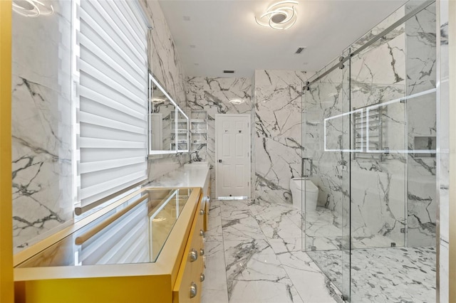 2238 Shirecrest Cove Way, Lutz, FL 33558 - bathroom featuring vanity, marble tiled flooring, a marble finish shower, and toilet
