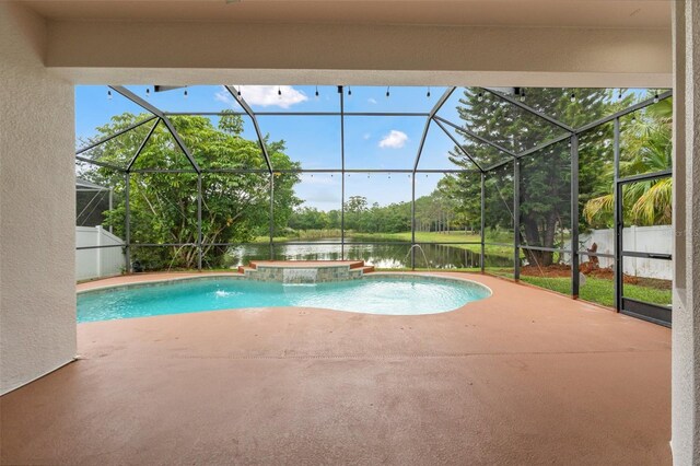 2238 Shirecrest Cove Way, Lutz, FL 33558 - swimming pool with a water view, a patio area, view of scattered trees, and glass enclosure