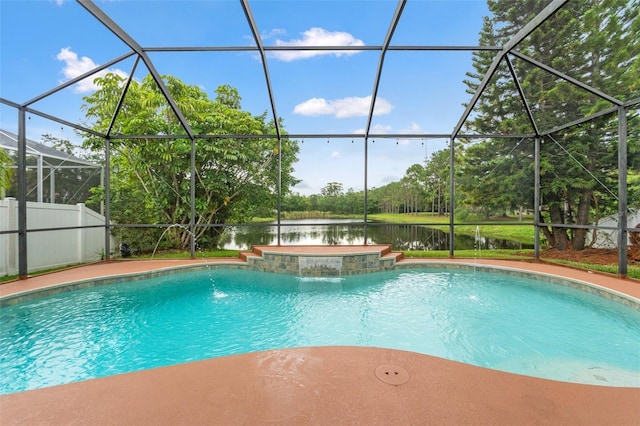 2238 Shirecrest Cove Way, Lutz, FL 33558 - swimming pool with glass enclosure, a water view, view of wooded area, and a patio