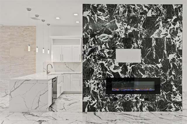 2238 Shirecrest Cove Way, Lutz, FL 33558 - interior space with a sink, light stone countertops, light marble finish flooring, backsplash, and recessed lighting