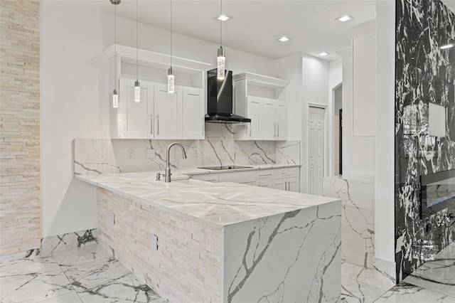 2238 Shirecrest Cove Way, Lutz, FL 33558 - kitchen featuring wall chimney exhaust hood, a sink, backsplash, white cabinets, and light stone counters
