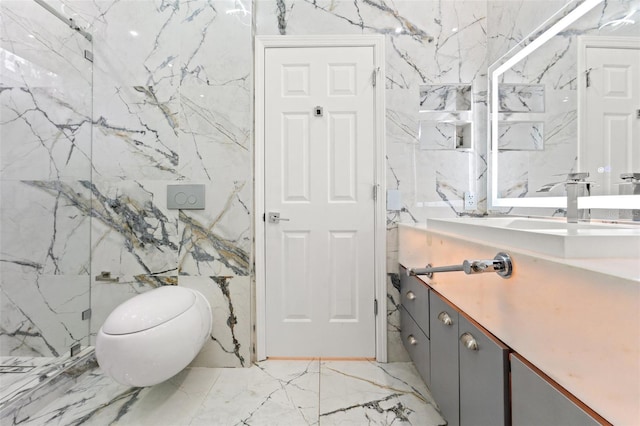 2238 Shirecrest Cove Way, Lutz, FL 33558 - bathroom with marble tiled floors, vanity, toilet, stone wall, and tile walls