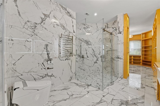 2238 Shirecrest Cove Way, Lutz, FL 33558 - full bathroom with a marble finish shower, toilet, marble tiled flooring, and stone wall