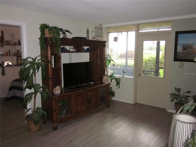2616 Cove Cay Dr Unit 104, Clearwater, FL 33760 - living area featuring wood finished floors, a textured ceiling, and a fireplace with raised hearth