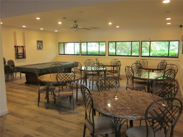 2616 Cove Cay Dr Unit 104, Clearwater, FL 33760 - dining room featuring recessed lighting, wood finished floors, ceiling fan, and baseboards