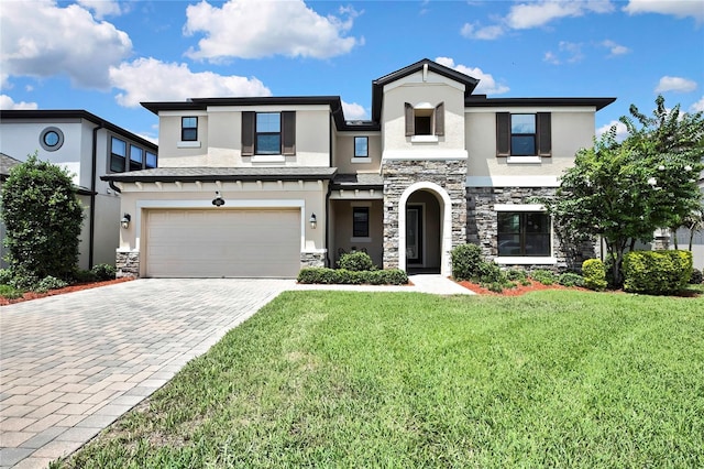 1821 Cherry Walk Rd, Lutz, FL 33558 - view of front of property with stone siding, stucco siding, an attached garage, and decorative driveway