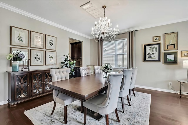1821 Cherry Walk Rd, Lutz, FL 33558 - dining area featuring crown molding, a chandelier, baseboards, and dark wood-style floors