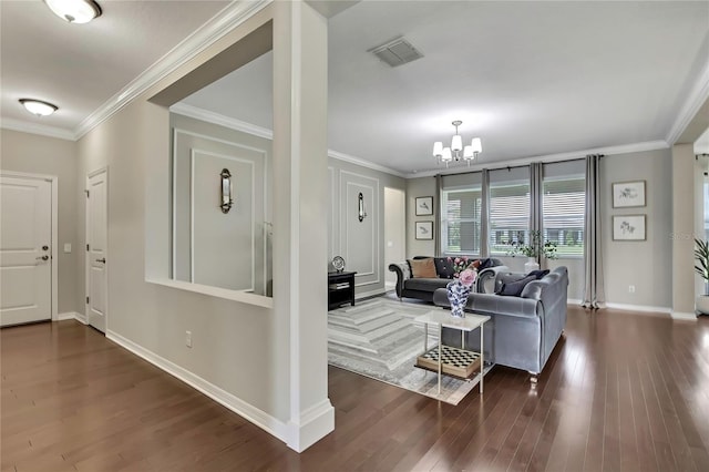 1821 Cherry Walk Rd, Lutz, FL 33558 - living area with dark wood-style floors, ornamental molding, a chandelier, and baseboards