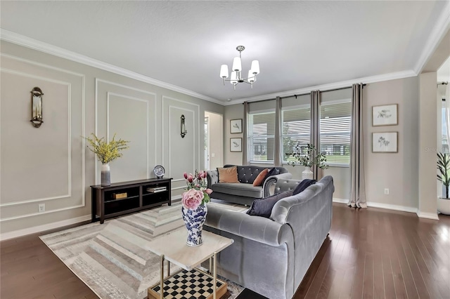 1821 Cherry Walk Rd, Lutz, FL 33558 - living area with a chandelier, baseboards, ornamental molding, and dark wood-style flooring