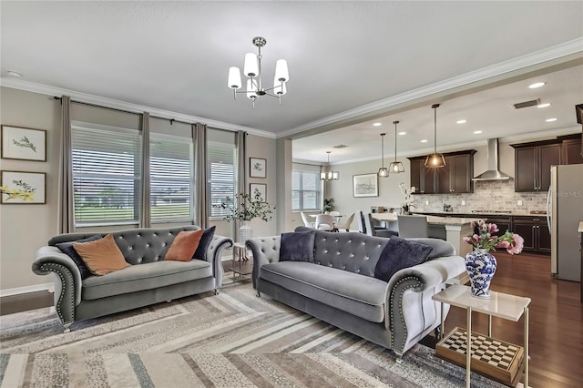 1821 Cherry Walk Rd, Lutz, FL 33558 - living area featuring a chandelier, crown molding, wood finished floors, and recessed lighting