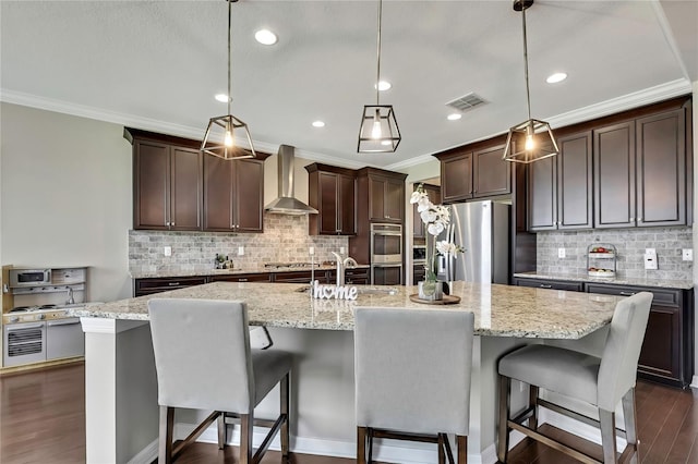 1821 Cherry Walk Rd, Lutz, FL 33558 - kitchen with wall chimney exhaust hood, a sink, appliances with stainless steel finishes, crown molding, and dark brown cabinetry