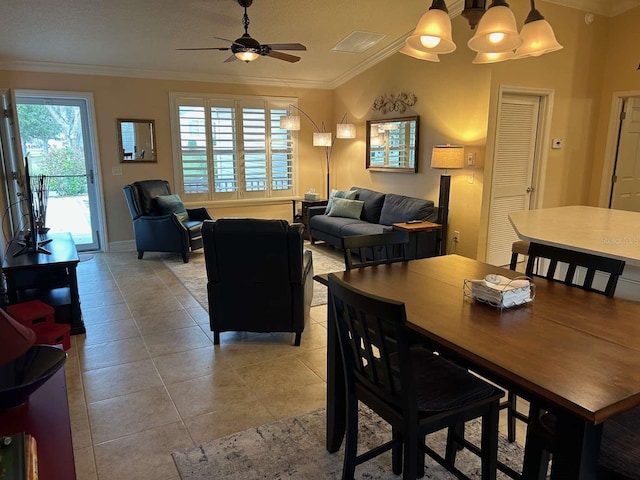 310 Knoll Pl, The Villages, FL 32162 - dining area with a ceiling fan, crown molding, light tile patterned flooring, and baseboards