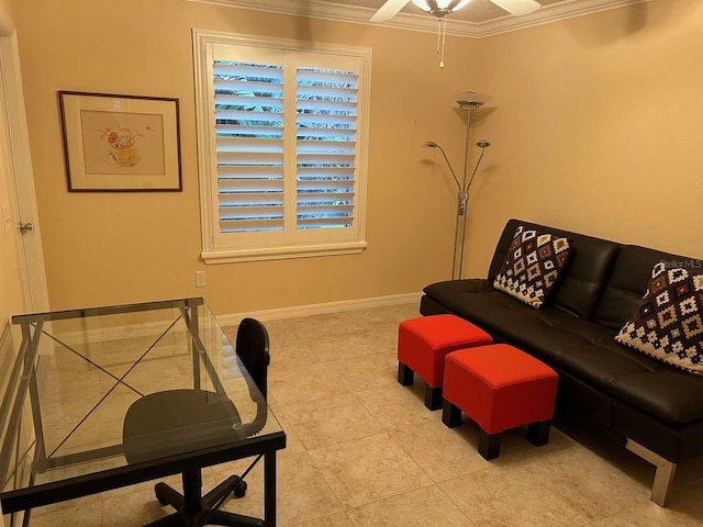 310 Knoll Pl, The Villages, FL 32162 - living room featuring ornamental molding, tile patterned flooring, ceiling fan, and baseboards